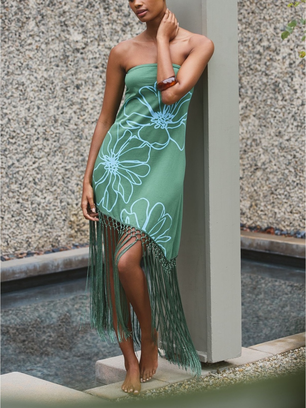 Strapless Asymmetrical Fringe Dress in Green